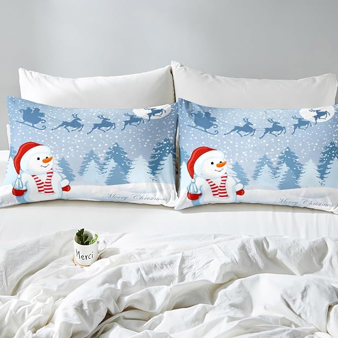 Manfei Snowman Duvet Cover Set Queen Size, Xmas Deer Trees Print Comforter Cover with 2 Pillowcases, Winter Snowflake Merry Christmas Bedding Set 3pcs for Kids Boys Girls Bedroom Decor,No Comforter