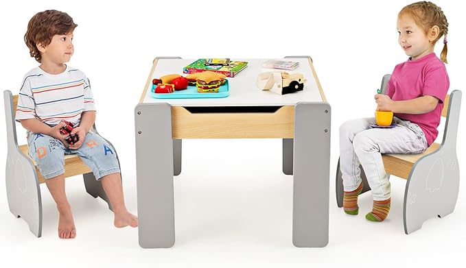 INFANS 3 in 1 Kids Table and Chair Set, Wood Multi Activity Table with Removable Tabletop Storage, Detachable Blackboard for Toddler Playing Drawing Arts Crafts,3 PCS Children Furniture