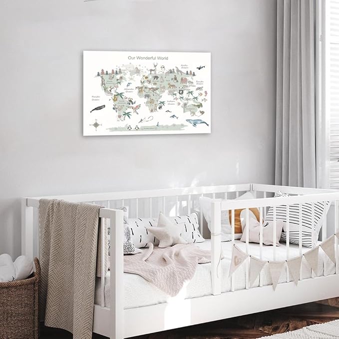 Educational Posters for Toddlers 1-3, Toddler Learning Poster for Kids Ages 3-5, World Map Canvas Print Nursery Preschool Homeschool Kindergarten Classroom Decor 12x18 Inch Framed C