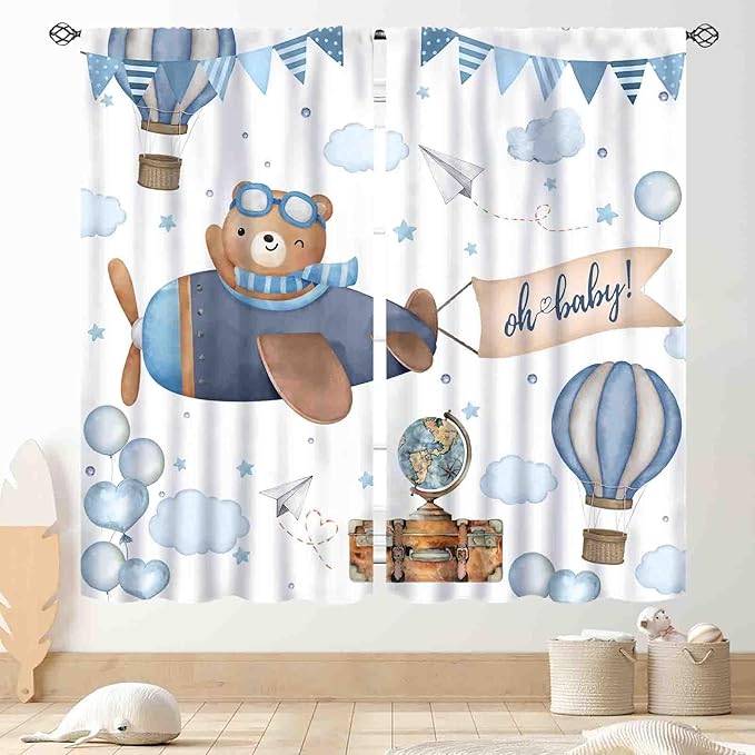 Cartoon Bear Curtains, Kids Boys Girls Cute Lovely Bear Adventure Airplane Cloud Pastel Blue Window Drapery Treatments for Baby Living Room Bedroom Nursey Toddler Classroom 2 Panels, 63"x63" Inch