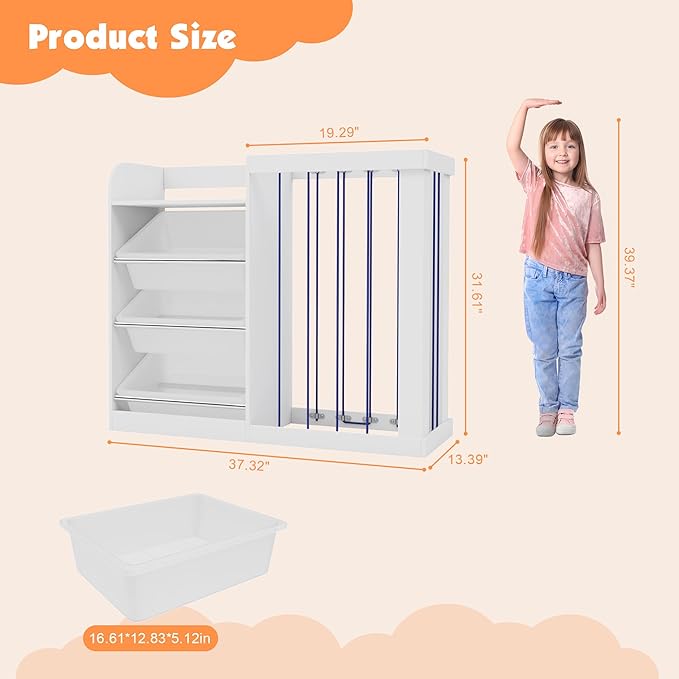 Naches Kids Toy Organizer and 4-Tier Montessori Bookshelf with 3 Bins, 3-in-1 Toy Shelves and Stuffed Animal Storage for Playroom, Nursery, Baby Room (White)