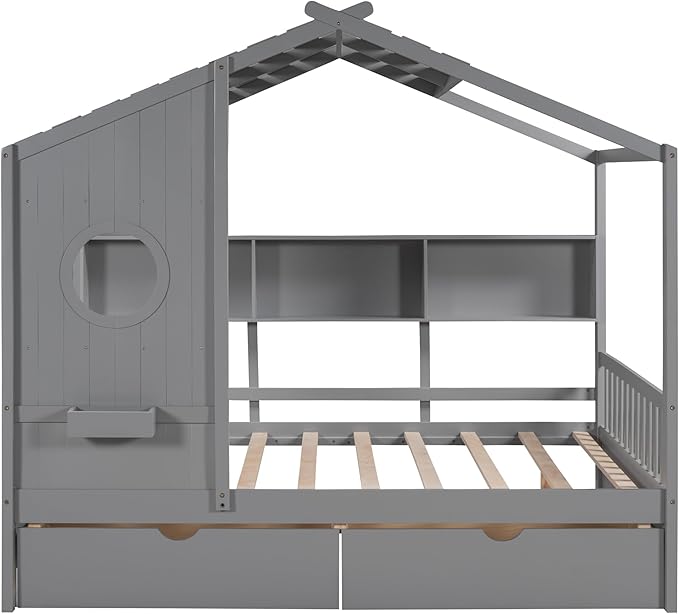 Modern Full Size House Bed with Roof and Window, Wooden Daybed Frame with Shelves and 2 Drawers,Bedroom Furniture for Girls & Boys (Gray+2 Drawers*)