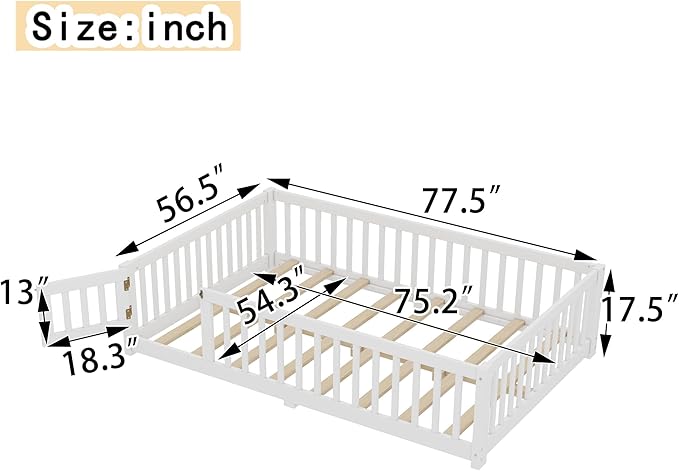 Harper & Bright Designs Full Floor Bed with Safety High Fence, Wood Montessori Bed with Door, Full Size Floor Beds with Solid Wood Support Slats for Boys, Girls, Kids, White