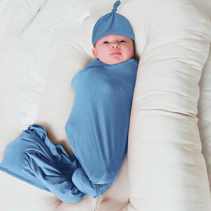Newborn Swaddle Blanket with Hat Set Baby Swaddle Set Hospital Receiving Blankets for Girls Boys(Steel Blue,35"*35")