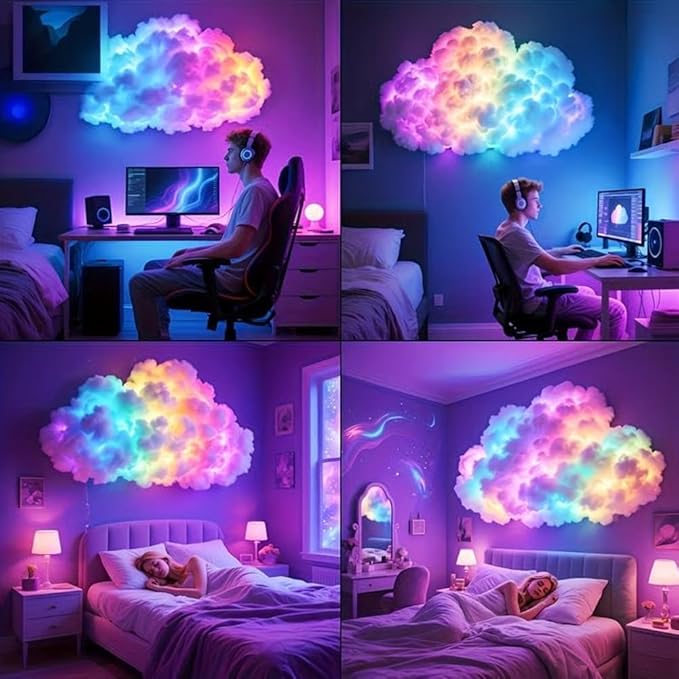 LED Cloud Light with Music Rhythm,DIY USB-Powered Thundercloud LED Light Decor for Bedroom & Gaming Room - USB Powered,Vibrant Glow, No Drill Roof for Christmas/New Year Gifts (6.56ft)