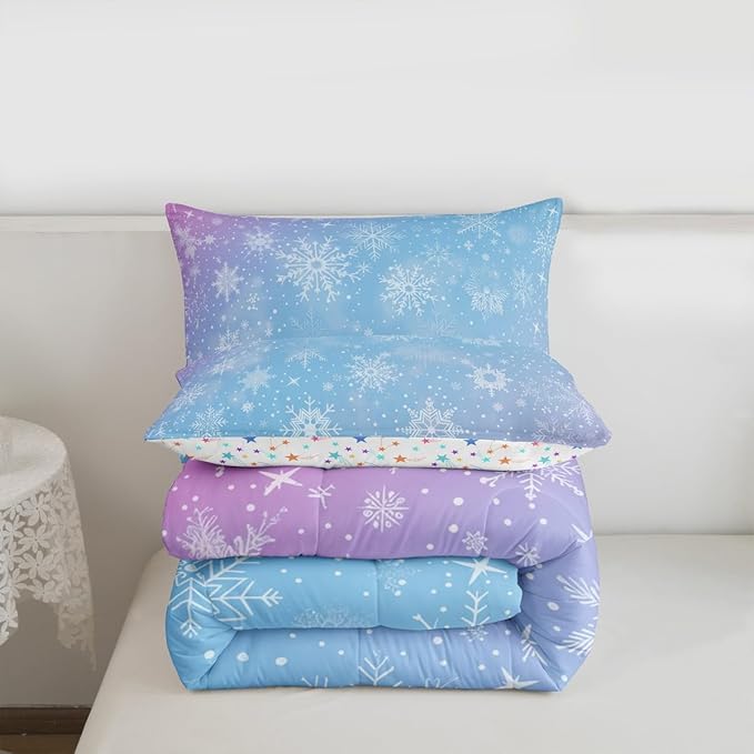 Feelyou Christmas Comforter Set All Season Winter Snowflake Bedding Set with 2 Pillow Cases Blue Purple Gradient Microfiber Kids Queen Bedclothes Bedroom Decor Duvet Quilt Breathable Soft Lightweight