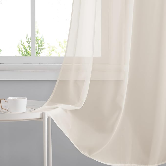 RYB HOME Khaki Sheer Curtains, Light Filtering Extra Long Grommet Top Elegant Window Panels, Airy & Breathable Voile Sheer Drapes for Large Window, Living Room, Bedroom, 54W by 96L, Set of 4