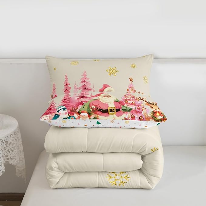 jejeloiu Merry Christmas Comforter Set Twin Size Santa Claus Bedding Set for Kids Boys Girls Cute Deer Duvet Quilt Beige Bedroom Decor
