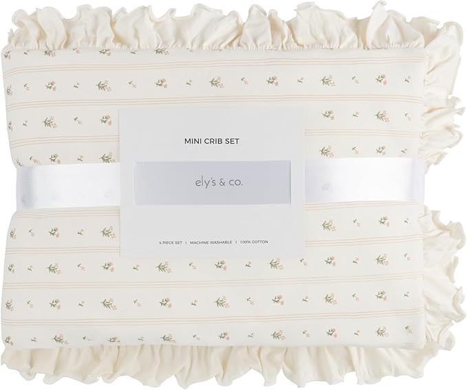 Ely's & Co. Crib Bedding Set for Girls, Toddler Bedding Set, 5 Piece Set - 2 Fitted Crib Sheets/Toddler Bed Sheets, Quilted Comforter and Decorative Pillow with Insert, Pink Linear Floral Collection