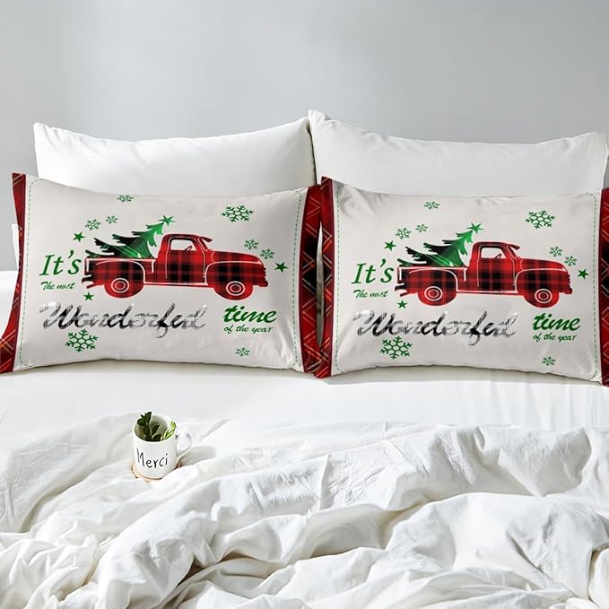 Manfei Xmas Truck Duvet Cover Set King Size, Christmas Tree Snowflake Print Bedding Set 3pcs for Kids Boys Girls Bedroom Decor, Red Plaid Print Comforter Cover with 2 Pillowcases,No Comforter