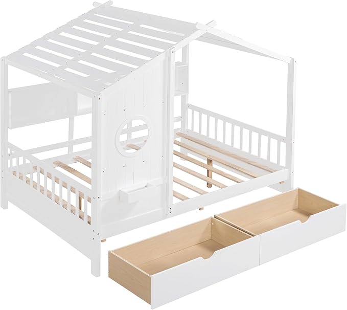 Full Size House Bed with 2 Drawers and Storage Shelf, Playhouse Design Solid Wood Kids Platform Bed Frame for Girls Boys, Decorable Daybed with Sturdy Slats Support, Space-Saving (AF-White)