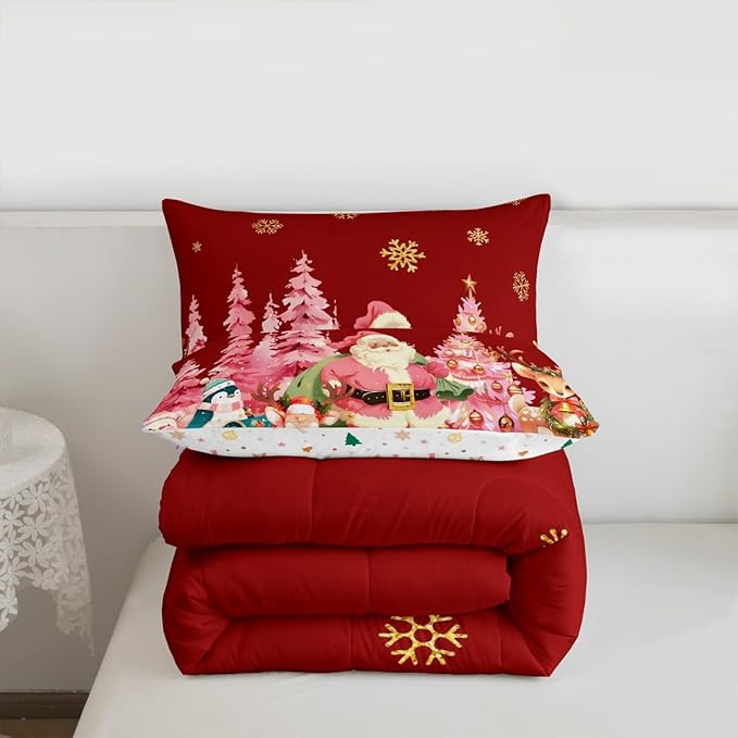 jejeloiu Merry Christmas Comforter Set King Size Santa Claus Bedding Set for Kids Boys Girls Cute Deer Duvet Quilt Red Bedroom Decor