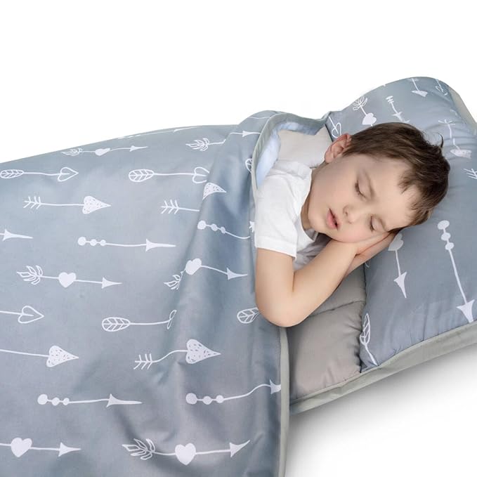 Biloban Nap Mat with Pillow and Blanket, Cot Nap Mats for Daycare Preschool Kindergarten, Portable Travel Sleeping Bag for Kids, Super Soft & Cozy, Grey Arrow, 50" x 21"