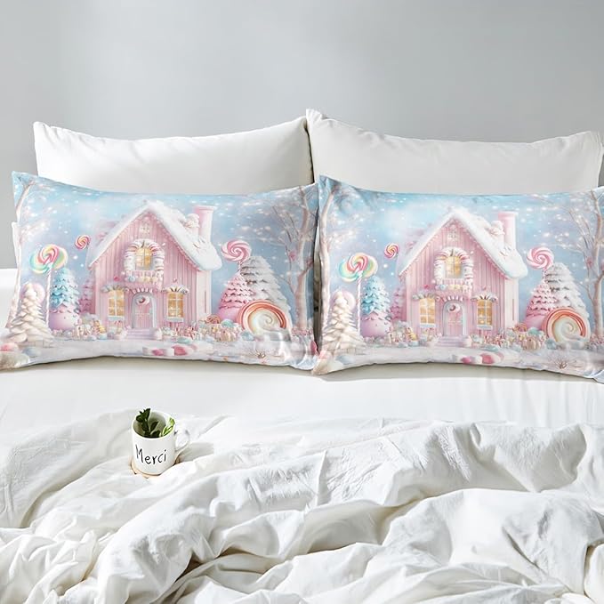Manfei Christmas Kids Duvet Cover Set Queen Size, Cute Xmas Cabin Trees Bedding Set for Boys Girls Room Decor, New Year Theme Comforter Cover, Lightweight Bedspread Cover, 2 Pillowcases, No Comforter