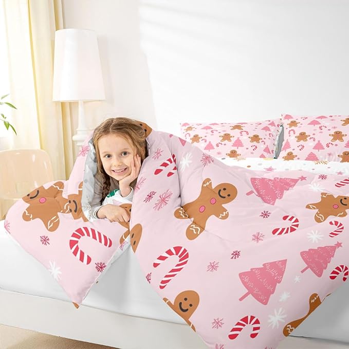 Feelyou Cute Gingerbread Man Comforter Set All Season Pink Christmas Tree Bedding Set with 2 Pillow Cases Candy Cane Kids Queen Snowflake Room Decor Christmas Duvet Quilt Breathable Soft Lightweight