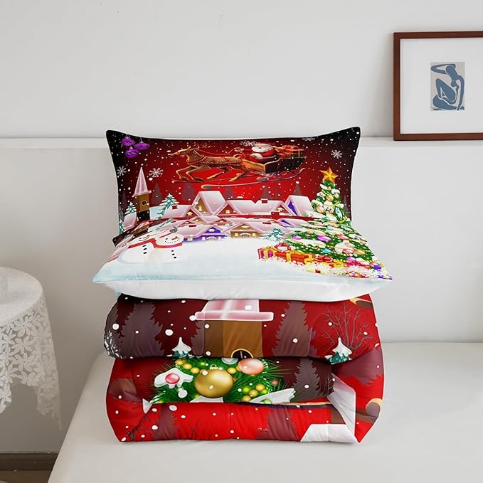 Manfei Christmas Comforter Set Full Size, Snowman Xmas Tree Bedding Set 3pcs for Kids Boys Girls Room Decor, Santa Claus with Reindeer Quilt Set New Year Theme Duvet Set with 2 Pillowcases