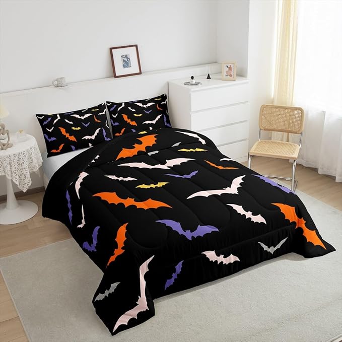 Erosebridal Bat Quilt Halloween Bedroom Decor Bedding Set King Size for Kids Teens Adults Bedroom Purple Gothic Bat Comforter Set with 2 Pillow Cases,Spooky Duvet Insert