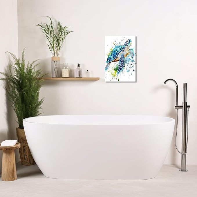 AWPANERAR Sea Turtle Wall Art Bathroom Pictures Watercolor Sea Life Canvas Prints Ocean Animal Poster Nautical Theme Artwork for Kids Room Nursery Decor Framed (White, (42L x 28W))