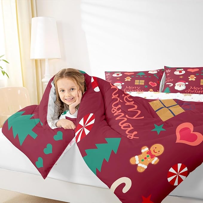 Feelyou Merry Christmas Comforter Set All Season Santa Claus Snowman Bedding Set with 2 Pillow Cases Gingerbread Man Microfiber Kids King Bedclothes Xmas Tree Deer Bedroom Decor Duvet Quilt Soft