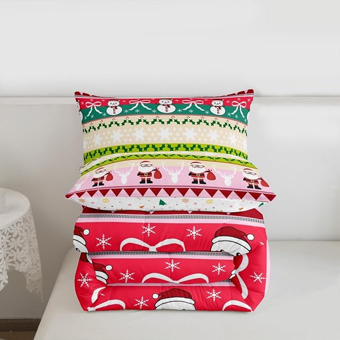Feelyou Merry Christmas Tree Bedding Set Soft for Boys Girls, Cute Snowman Comforter Set King Size Santa Claus Duvet Quilt Microfiber Cartoon Bowknot Bedroom Decor 3 Pcs with 2 Pillow Cases