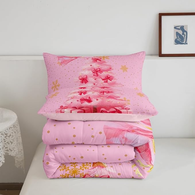 Erosebridal Xmas Tree Twin Bedding Sets Merry Christmas Comforter Sets for Kids Boys Girls Teens Snowflake Decorations Down Comforter Princess Bow Pink Decor Duvet Insert