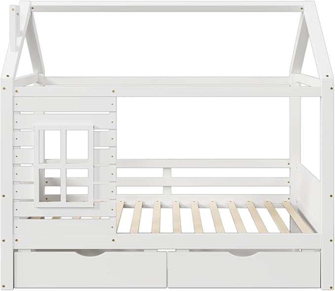 Aoowow Twin Size Kids House Bed with 2 Drawers, Wooden Twin Bed Frame with Window and Roof for Bedroom, Modern Twin Size Kid Playhouse Bed with Slats for Boys Girls, Can be Decorated, White