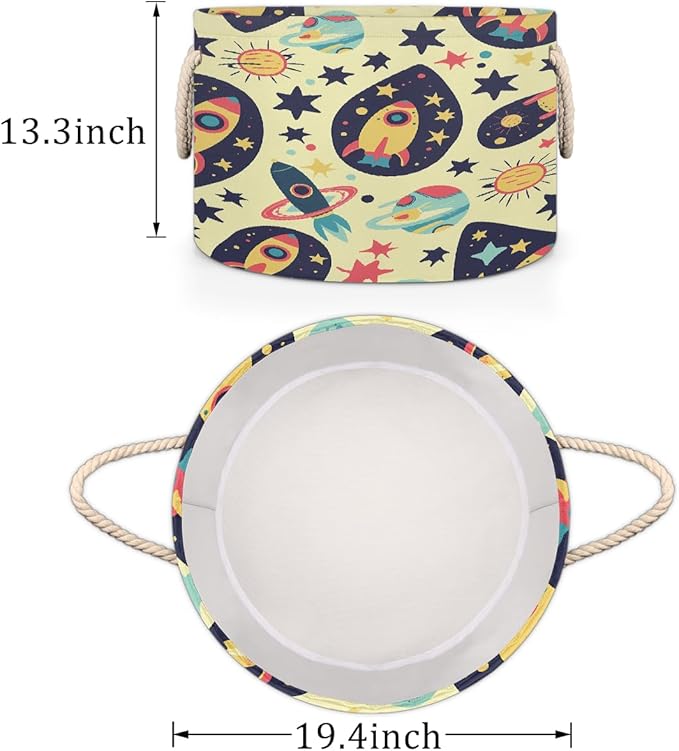 Colorful Space Pattern Round Storage Basket for Laundry & Toys, Lightweight Fabric Laundry Hamper with Handles, Foldable Large Organizer Bin for Bedroom Bathroom Nursery Dorm