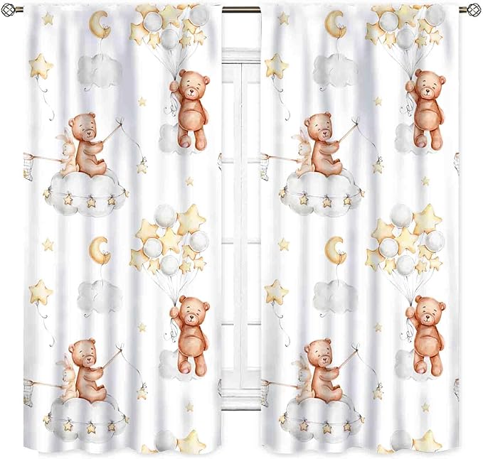 Cartoon Bear Curtains, Kids Boys Girls Cute Lovely Bear Star Cloud Ballon Pastel Window for Baby Living Room Bedroom Nursey Toddler Classroom 2 Panels, 42"x63" Inch