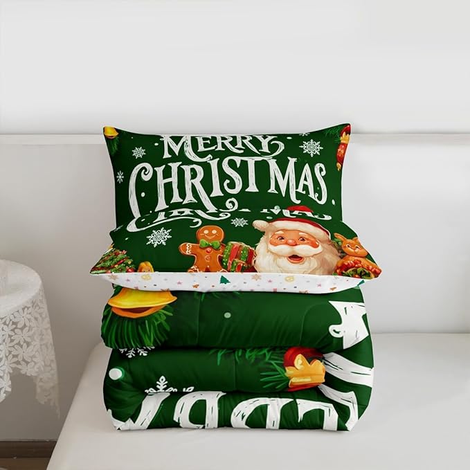 Feelyou Green Christmas Comforter Set All Season Santa Claus Bedding Set with 2 Pillow Cases Gingerbread Microfiber Kids King Bedclothes Bedroom Decor Duvet Quilt Breathable Soft