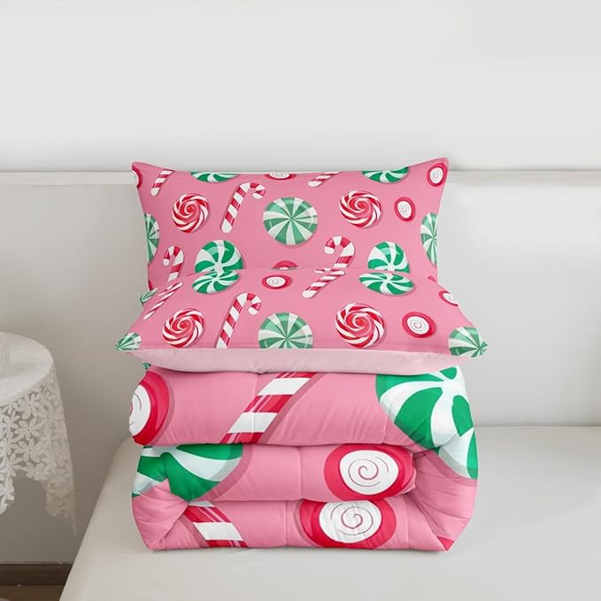 Feelyou Christmas Comforter Set Twin Size Candy Bedding Set for Kids Boys Girls Xmas Theme Duvet Quilt Bedroom Decor Microfiber 2 Pcs with 1 Pillow Cases