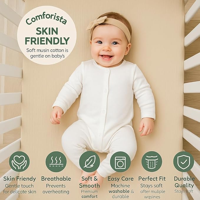 Crib Sheets Neutral Muslin Fabric 52x28x9 Inches 2 Pack Brown & Beige Baby Crib Sheets Fits Rectangular & Oval Crib Mattress, Won’t Slip Off, Baby Crib Bedding for Boys & Girls