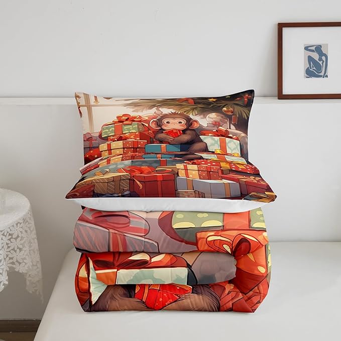 Santa Monkey Comforter Set Twin Size,Merry Christmas Holiday Theme Bedding Set 2Pcs,Christmas Tree Decoration Quilt Set Kids Girls Teens Room Decor Cartoon Animal Xmas Style Duvet Insert,1 Pillowcase