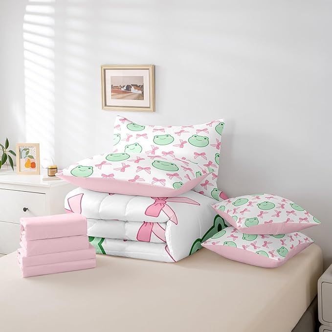 7 Pieces Pink Bowknot Comforter Set King,Cartoon Frog Bow Tie Butterfly Knot Princess Bedding Set,Geometric Patchwork Cute Sweet（Comforter+Fitted+Flat Sheet+2 Pillowcases+2 Throw Pillow Covers）