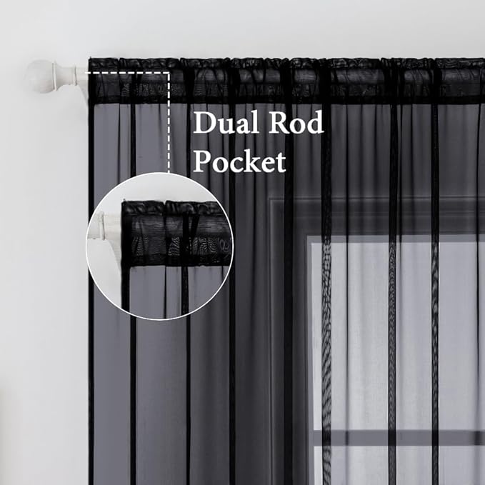 MIULEE 2 Panels Solid Color Sheer Window Curtains Elegant Halloween Window Voile Panels/Drapes/Treatment for Bedroom Living Room (54X45 Inches Black)