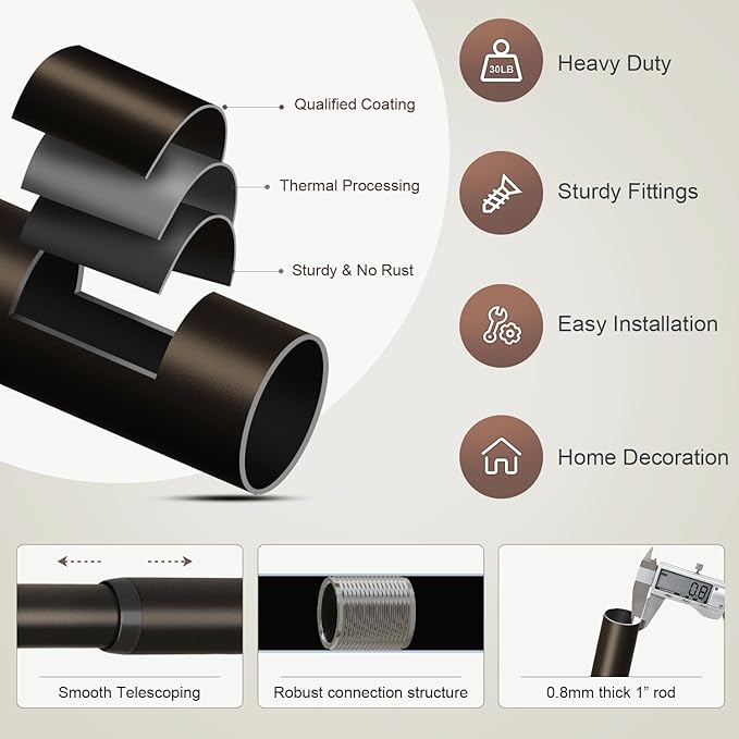 2 Pack Modern Brown Curtain Rods Set for Windows 48 to 84 Inches Adjustable Length Heavy Duty 1" Diameter Window Curtain Rod with Decorative Finials for Outdoor Bedroom Kitchen Living Room
