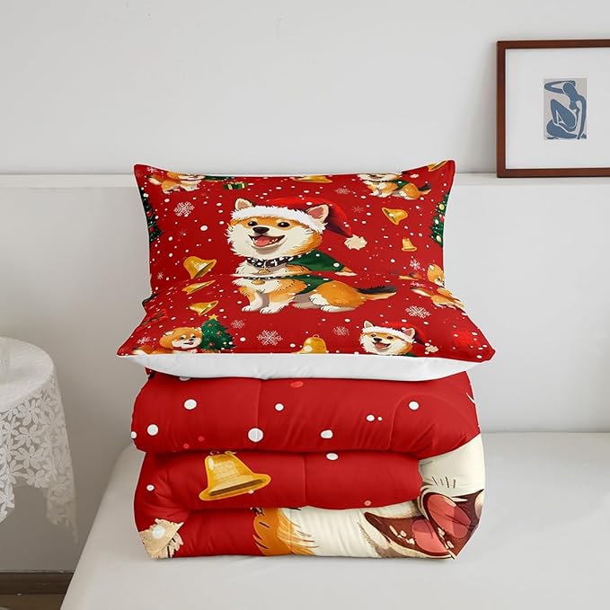 Cartoon Dog Comforter Set Twin Size,Bell Christmas Tree Star Snowflake Bedding Set for Kids Boys Girls Room Decor,Cute Corgi Xmas Theme Quilt Set 2Pcs,Merry Christmas Red Duvet Insert,1 Pillowcase