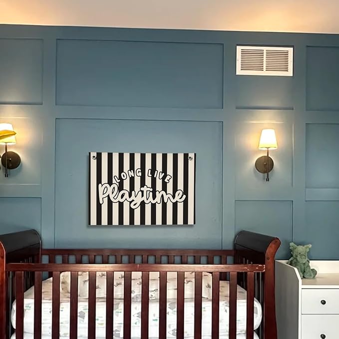 Playroom Decor, Long Live Playtime Wall Hanging Linen Banner, Blue Striped Wall Flag for Kids Room Nursery Playroom Decor, 20x30 Inch-Black