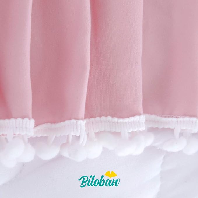 Pink Crib Skirt Pleated with White Lovely Pompoms, Bedding Dust Ruffle for Girls, 14" Drop, Fit All Standard Crib Bed, Fade Resistant Crib Bed Skirt Machine Wash