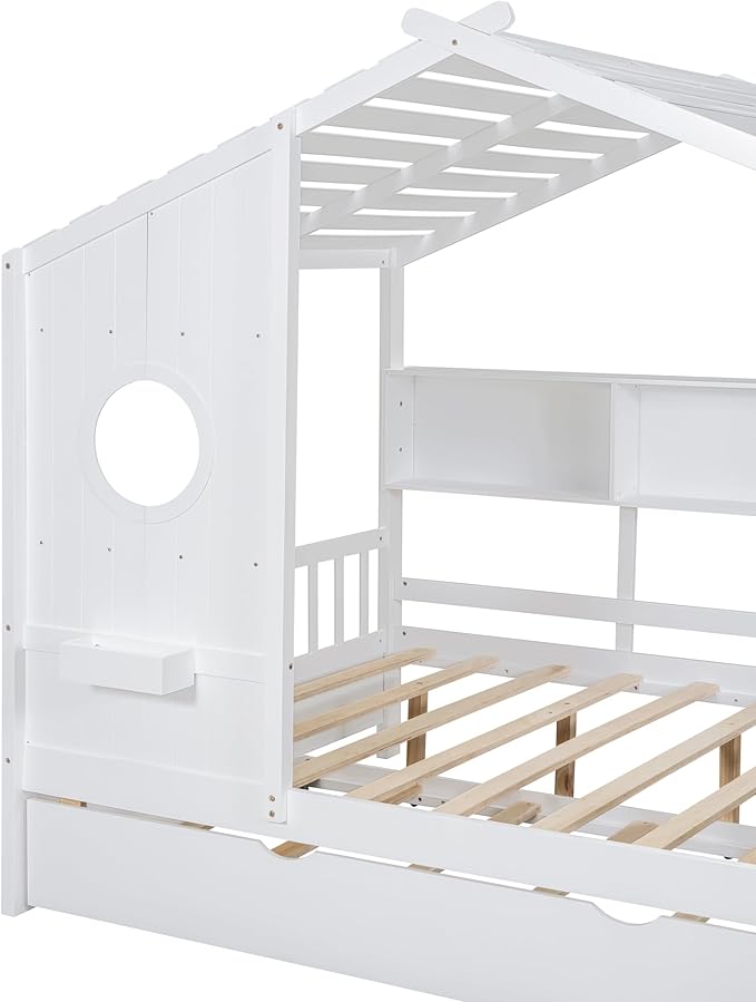 Merax Wood Full Multifunctional Montessori Daybed with Trundle/Storge Shelves, Low House Bed for Kids Boys Girls,Easy Assemble, White