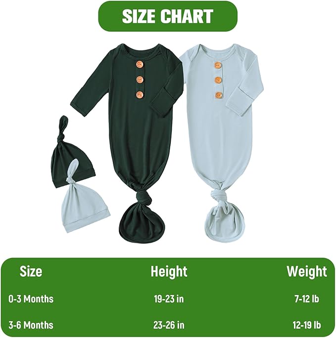 OPAWO Knotted Gown Baby Newborn Sleepers Baby Boy Coming Home Outfit, Bamboo Viscose Baby Gowns with Mitten Cuffs and Hat Set