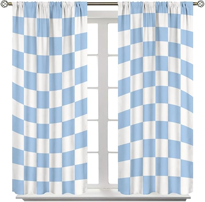 Blue Checkered Curtains,70s Vintage Twisted Checkered Window Drapes Colorful Groovy Trendy Wavy Hippie Grid Print Window Treatments for Kids Girls Bedroom Living Room 55" W X 63" L