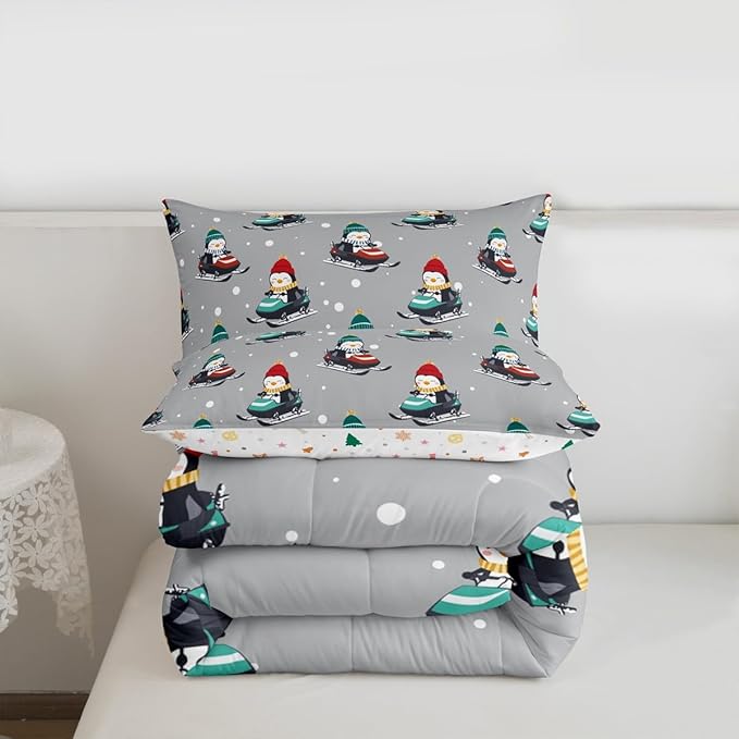 Feelyou Christmas Comforter Set All Season Gray Penguin Bedding Set with 1 Pillow Cases Cartoon Penguin Skiing Microfiber Kids Toddler Bedclothes Snowflake Bedroom Decor Duvet Quilt Breathable Soft
