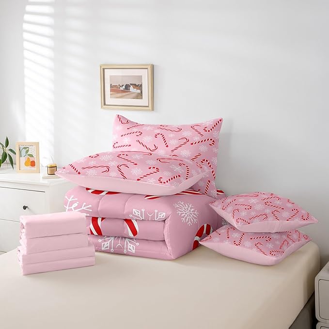 Erosebridal Xmas Candy Cane Full Bedding Set 7 Piece,Merry Christmas Bed in A Bag for Kids Boys Girls,White Snowflake Comforter Set Pink Christmas Ornaments Sheet Set with Comforter