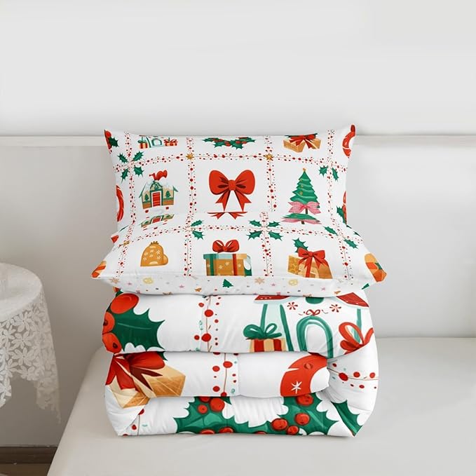 Feelyou Christmas Decor Kids Comforter Set Full Size Red Bowknot Bedding Set New Year Gift Duvet Quilt for Kids Boys Girls Bedroom Happy New Year Decor Microfiber Ultra Soft Breathable
