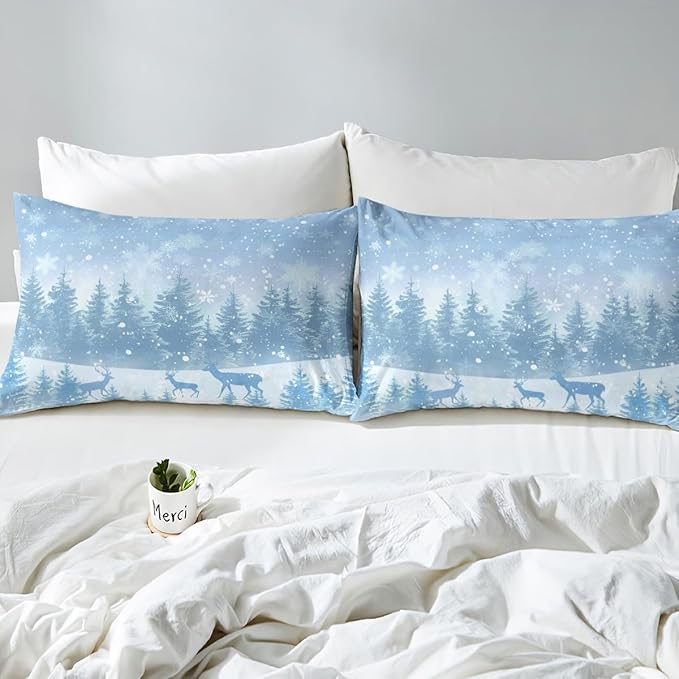 Manfei Blue Glitter Duvet Cover Set Queen Size, Xmas Trees Deers Snowflakes Print Comforter Cover with 2 Pillowcases, New Year Theme Bedding Set 3pcs for Kids Girls Teens Bedroom Decor,No Comforter