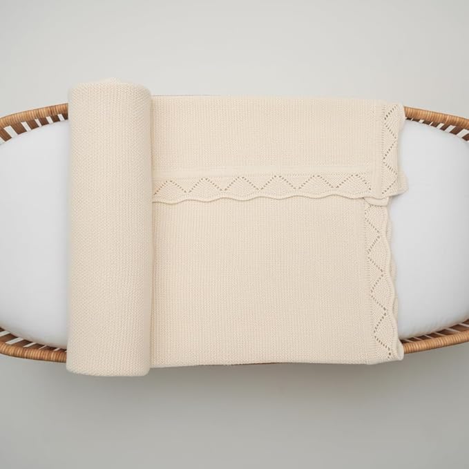 Baby Knit Blanket Soft Breathable Cotton Scallop Border Blankets Newborn Knitted Blanket Swaddle Blankets Gifts for Baby Newborn Toddler Shower Boy Girl New Mom Birthday Christmas Cream 30x40