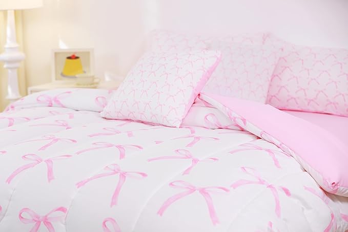 7 Pieces Cartoon Bowknot Kids Comforter Queen,Pink Bow Tie Butterfly Knot Princess Bedding Set,Watercolor Bow Patchwork Pink White（Comforter+Fitted+Flat Sheet+2 Pillowcases+2 Throw Pillow Covers）