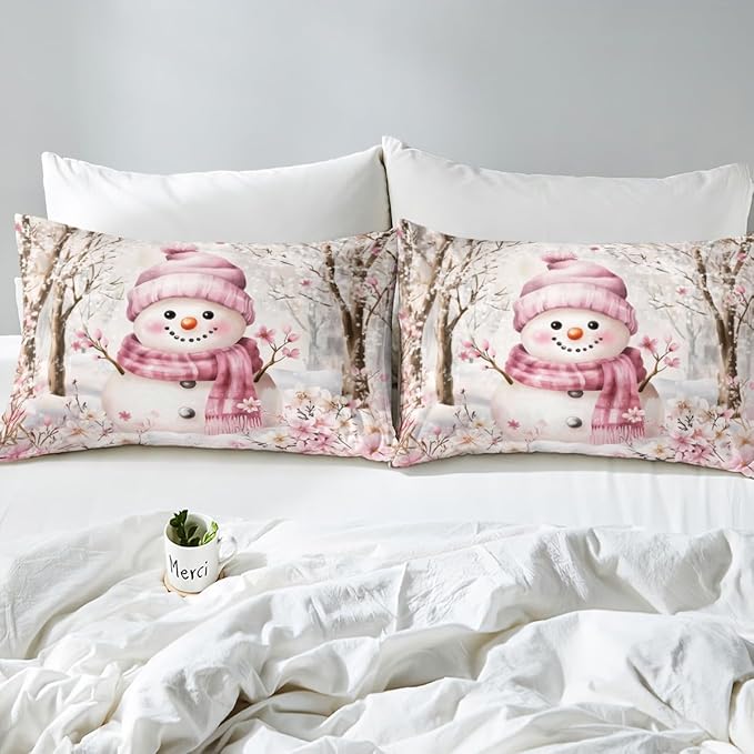 Manfei Christmas Kids Duvet Cover Set King Size, Cute Snowman Xmas Bedding Set for Boy Girls Room Decor, Pink Flower New Year Comforter Cover, Soft Polyester Quilt Cover, 2 Pillowcases, No Comforter