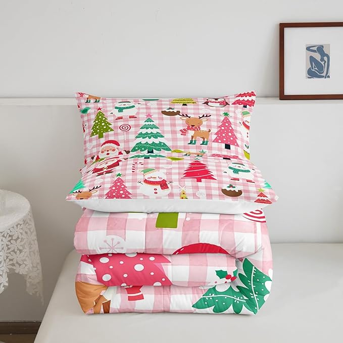 Castle Fairy Merry Christmas Kids Comforter Set Twin Size,Cartoon Xmas Style Cute Animals Bedding Set for Kids Boys Men,Santa Claus Pine Trees Pink Checkered Quilted Duvet Set with 1 Pillowcase