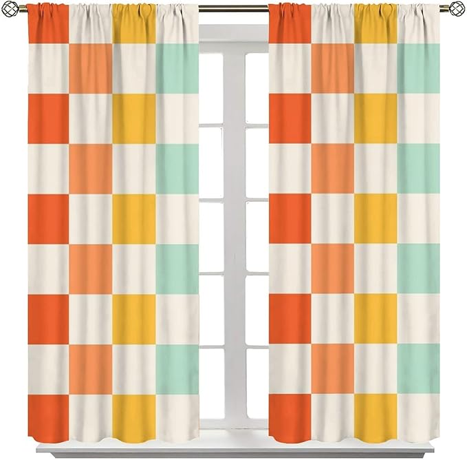 70s Retro Curtains,Cute Green Pink Yellow Checkered Hippie Window Treatments for Kids Girl Bedroom Window 42"" W X 45"" L, Style-7
